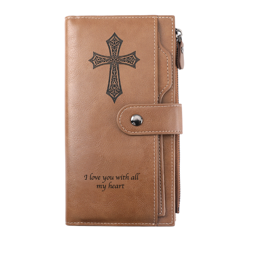 Long Style Bifold Custom Photo Wallet Brown Cross Pattern