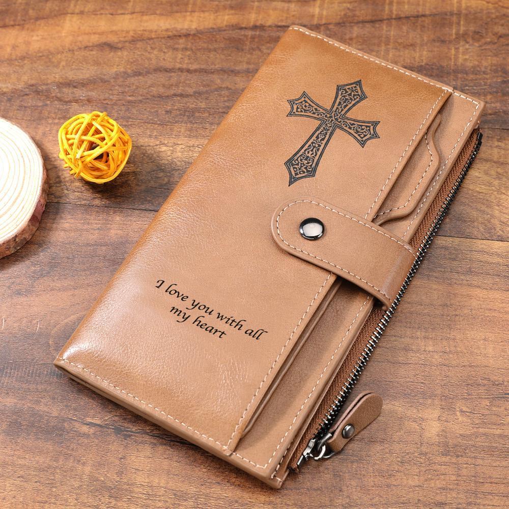 Long Style Bifold Custom Photo Wallet Brown Cross Pattern