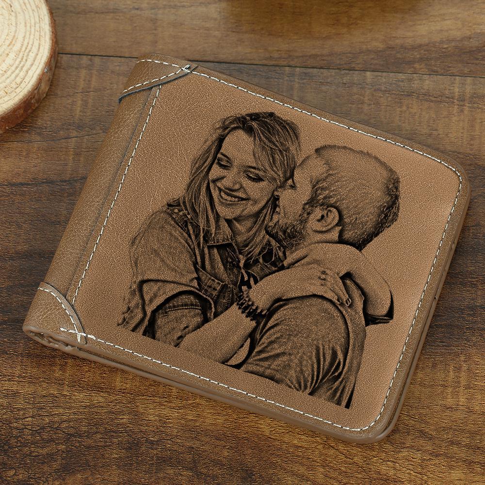 Men's Custom Engraved Photo Wallet Brown Leather