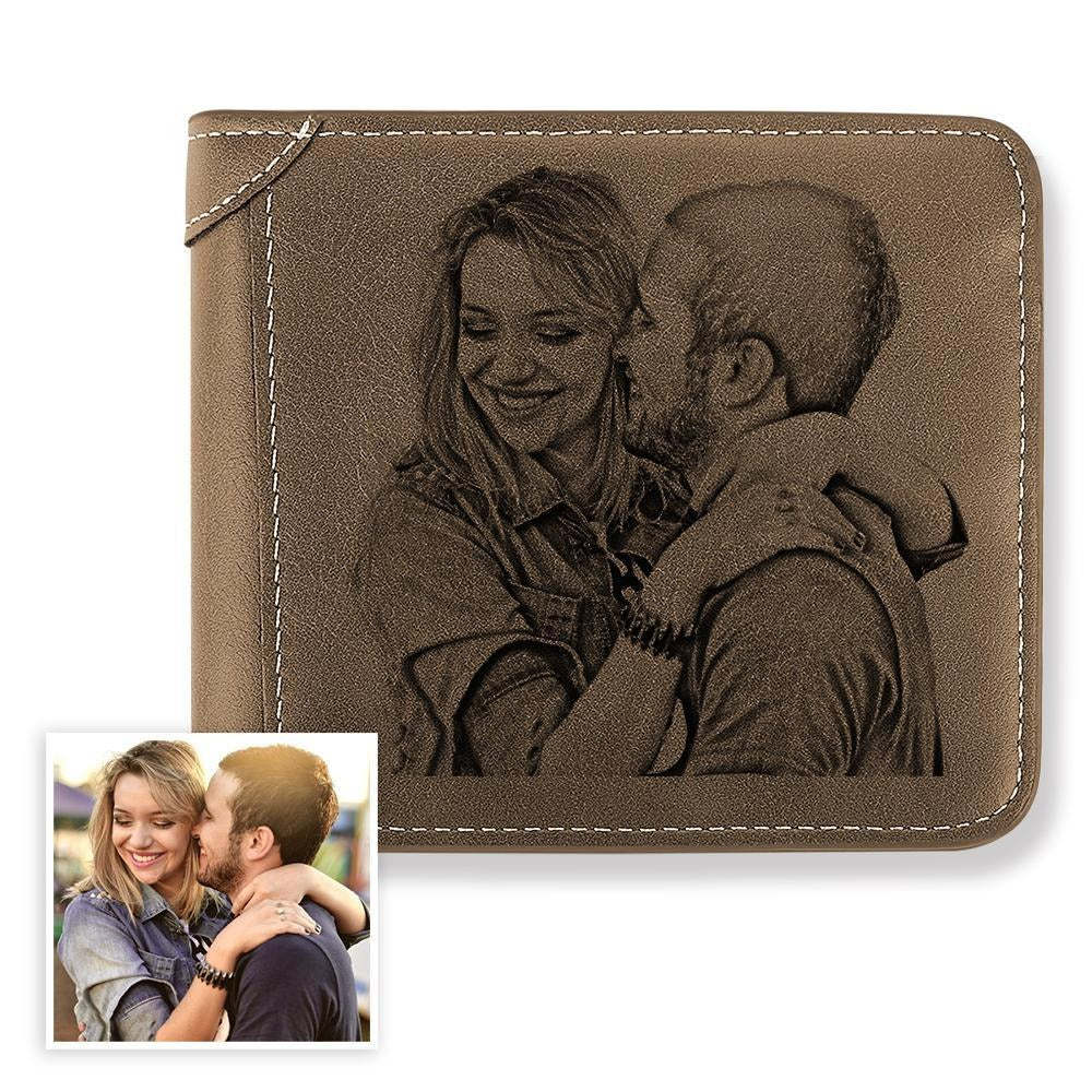 Men's Custom Engraved Photo Wallet Brown Leather