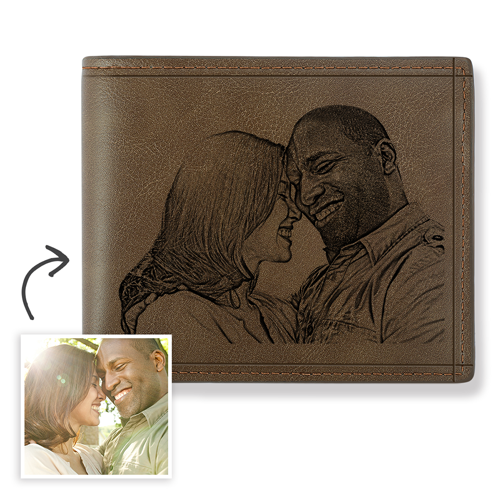 Men's Custom Engraved Photo Wallet Brown Leather