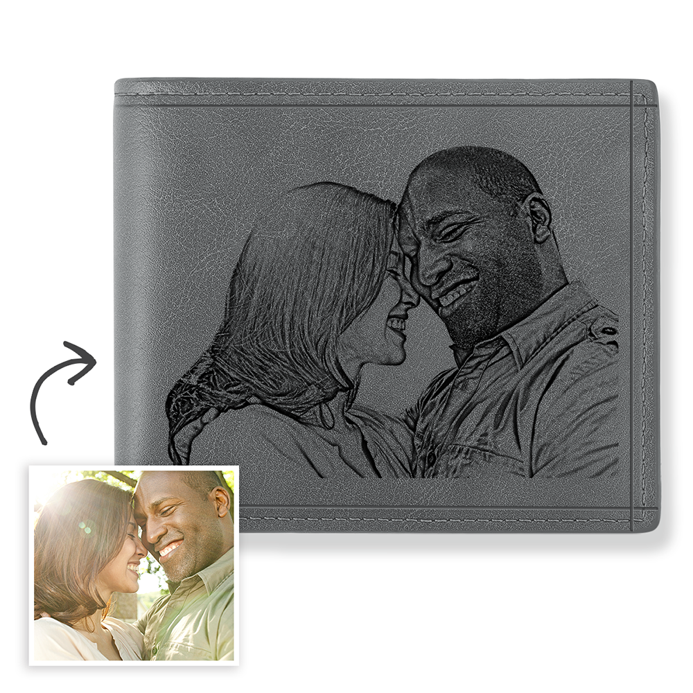 Men's Custom Engraved Photo Wallet Grey Leather