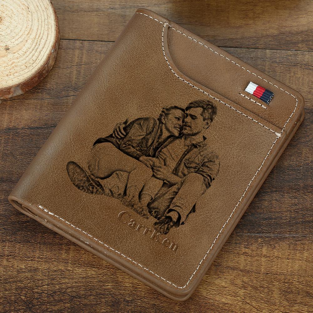 Men's Personalized Engraved Photo Wallet Brown Leather