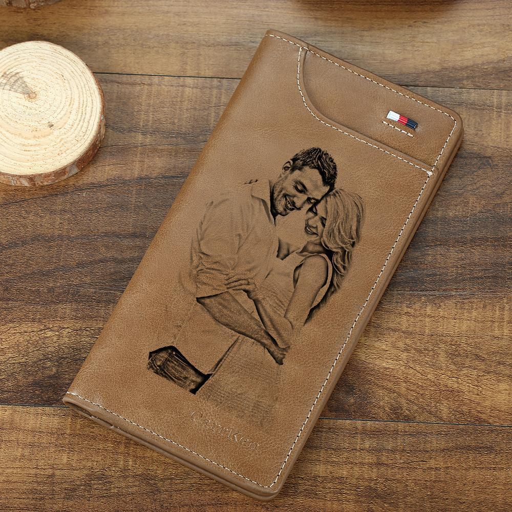 Women's Custom Engraved Photo Wallet Brown Leather