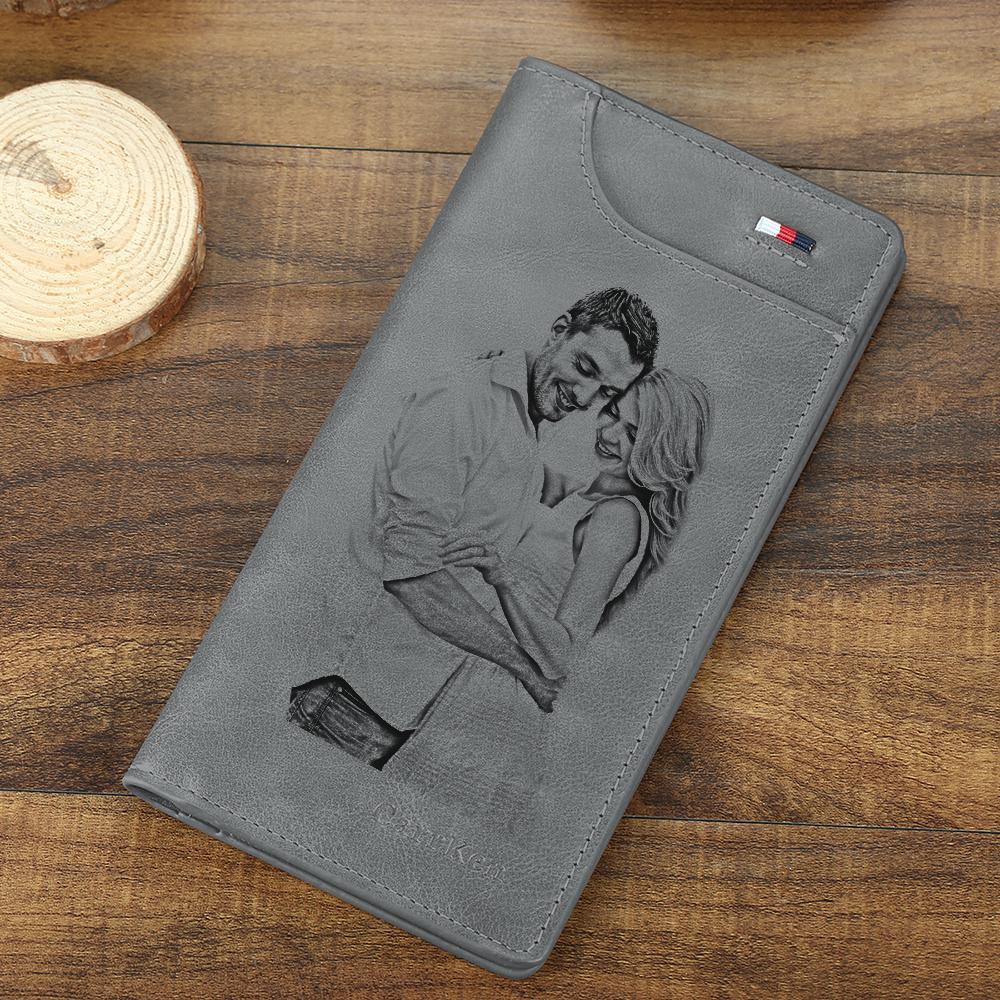 Women's Custom Engraved Photo Wallet Grey Leather