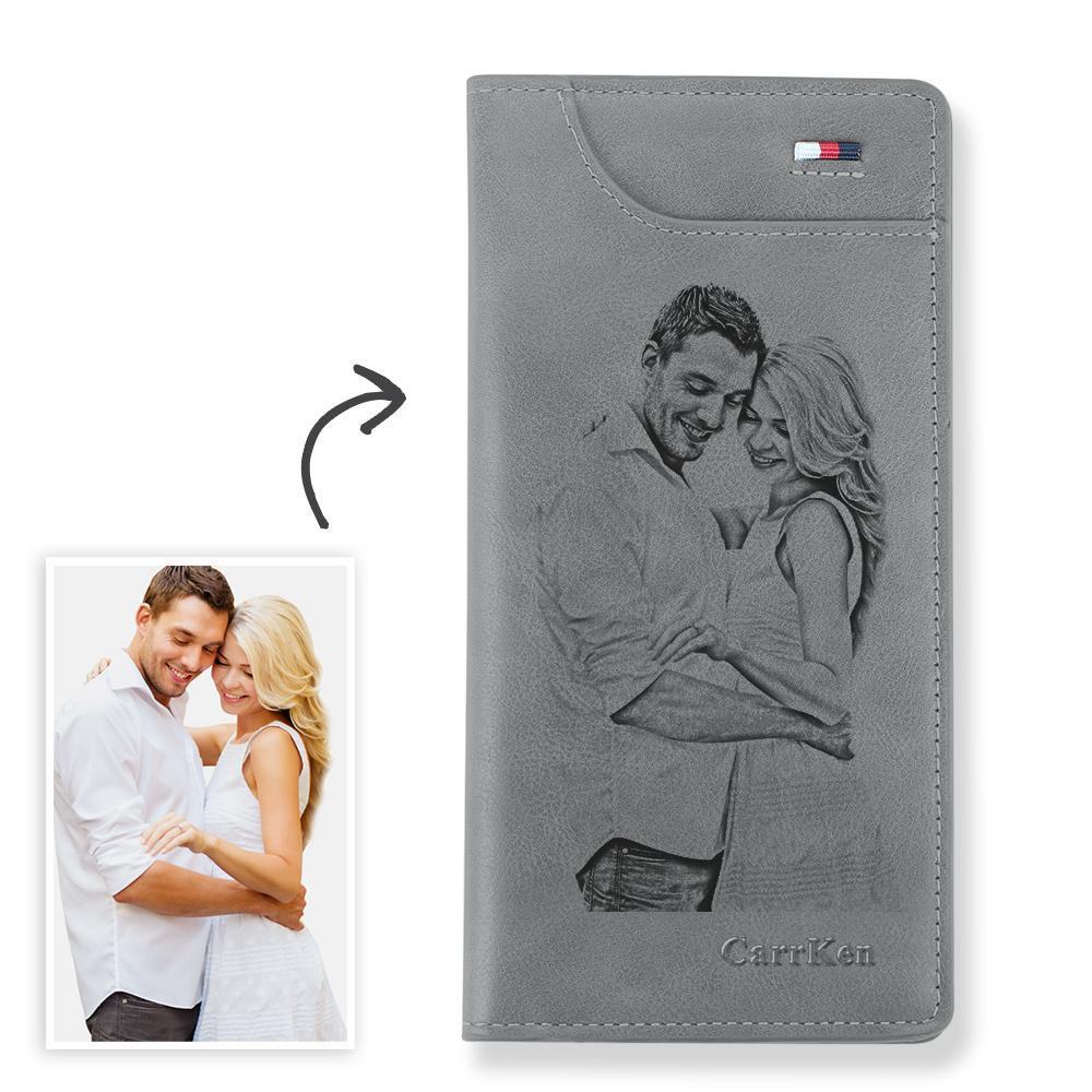 Women's Custom Engraved Photo Wallet Grey Leather