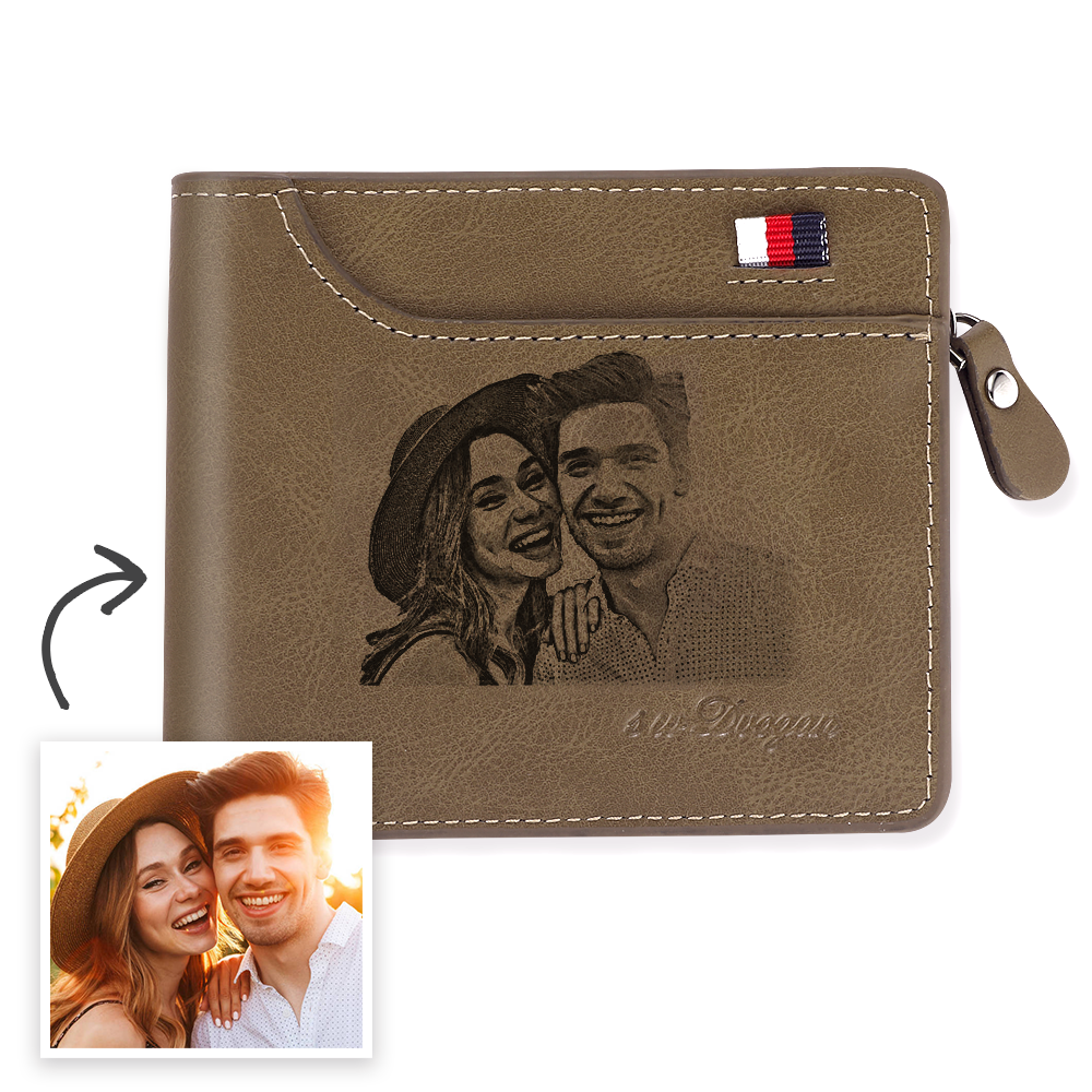 Men's Custom Engraved Photo Wallet Brown Leather
