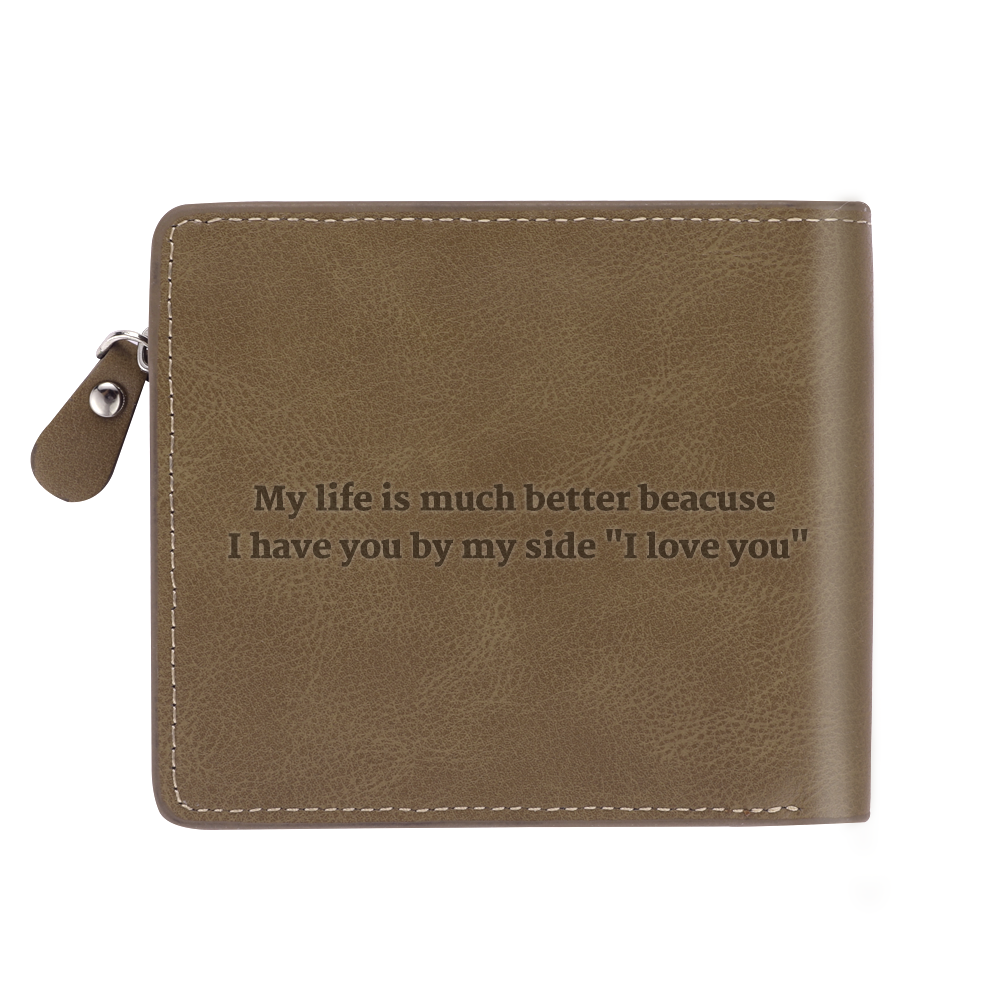 Men's Custom Engraved Photo Wallet Brown Leather With Coin Pocket