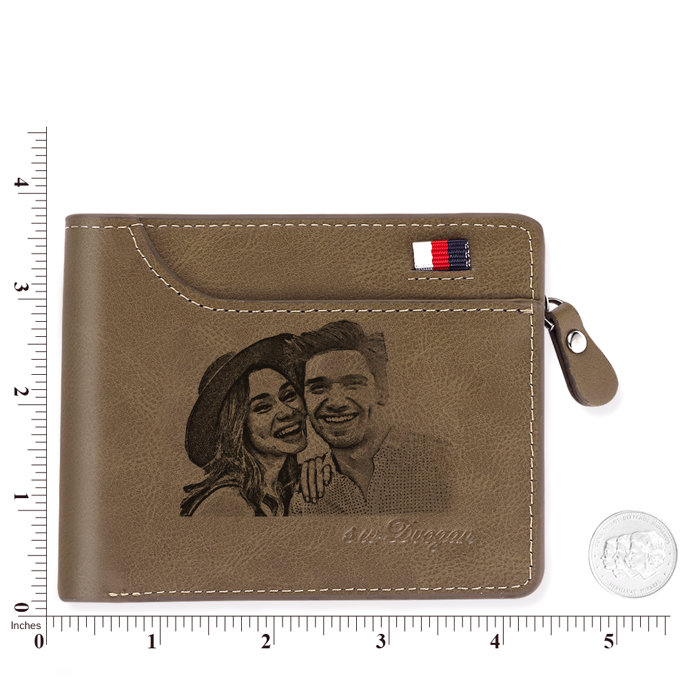 Men's Custom Engraved Photo Wallet Brown Leather With Coin Pocket