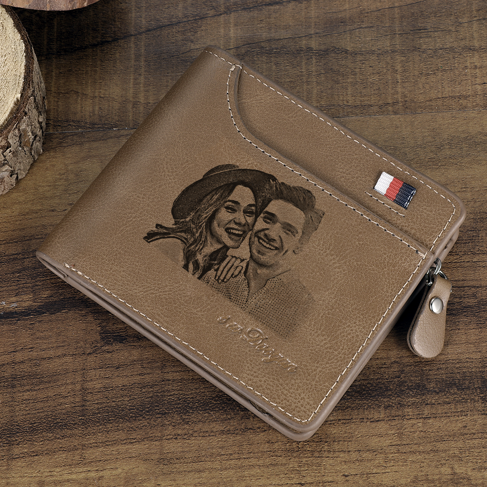 Men's Custom Engraved Photo Wallet Brown Leather With Coin Pocket