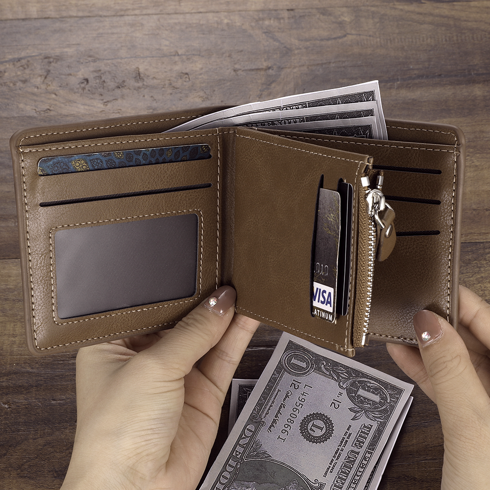 Men's Custom Engraved Photo Wallet Brown Leather With Coin Pocket