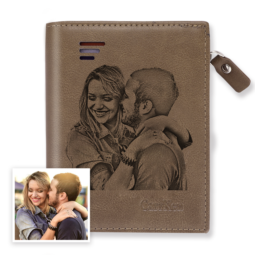 Men's Custom Engraved Photo Wallet Brown Leather