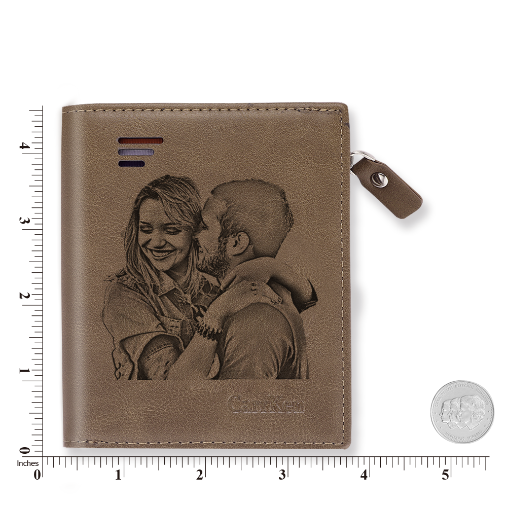 Men's Custom Engraved Photo Wallet Brown Leather With Coin Pocket