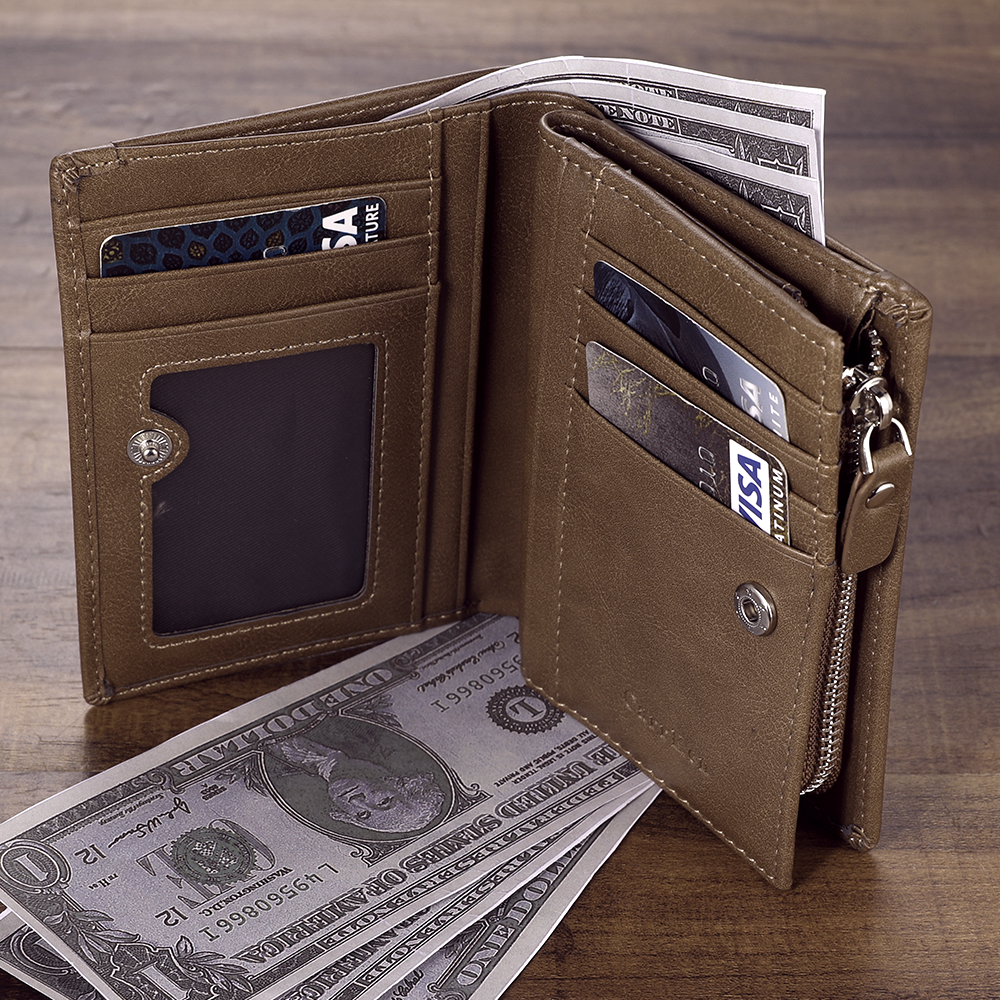 Men's Custom Engraved Photo Wallet Brown Leather With Coin Pocket