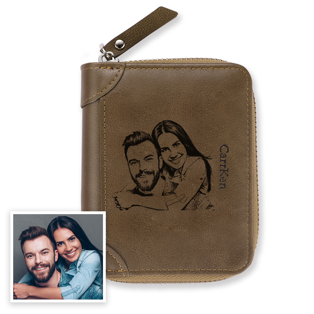 Men's Custom Engraved Photo Wallet Brown Leather