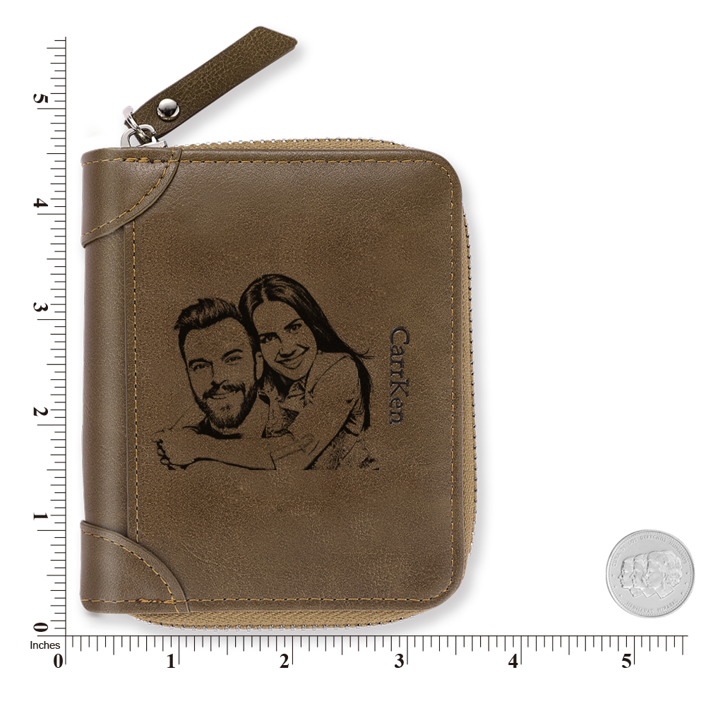 Men's Custom Engraved Photo Wallet Brown Leather With Coin Pocket