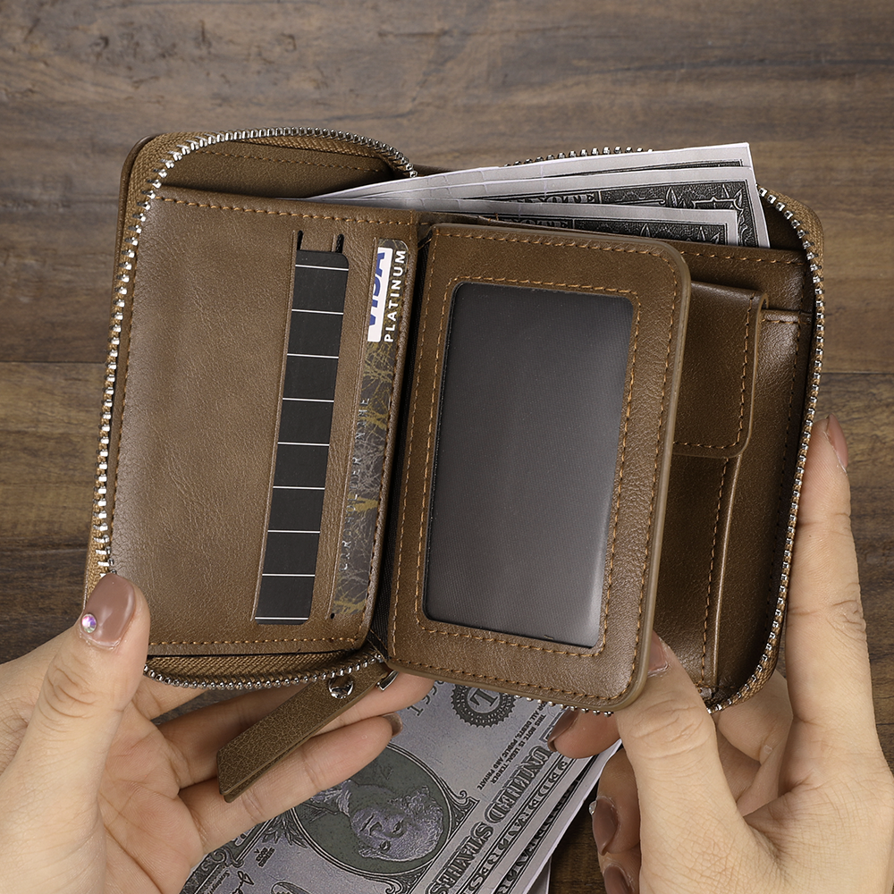 Men's Custom Engraved Photo Wallet Brown Leather With Coin Pocket