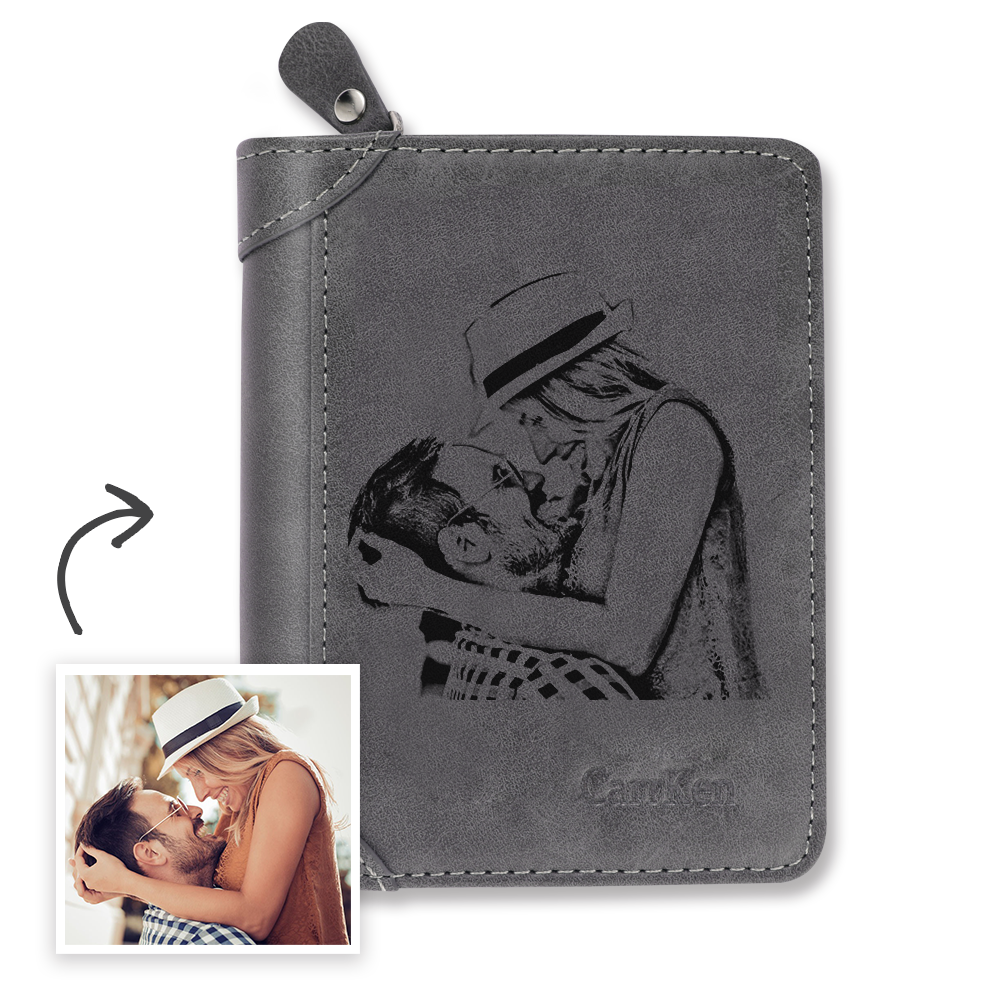 Men's Custom Engraved Photo Wallet Grey Leather