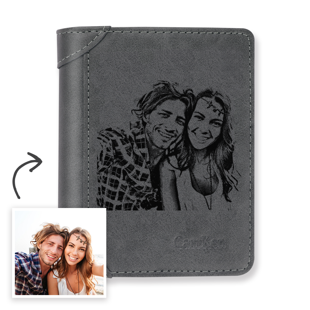 Men's Custom Engraved Photo Wallet Grey Leather