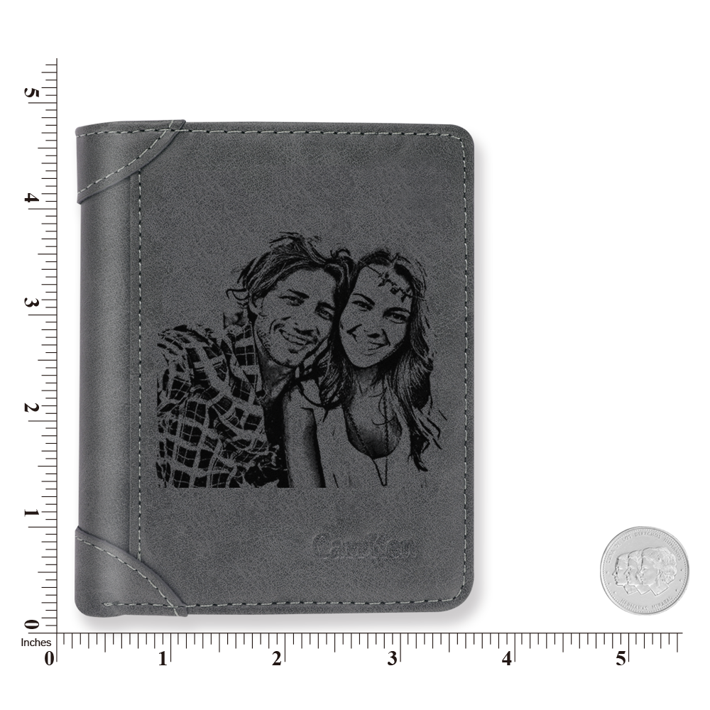 Men's Custom Engraved Photo Wallet Grey Leather With Coin Pocket