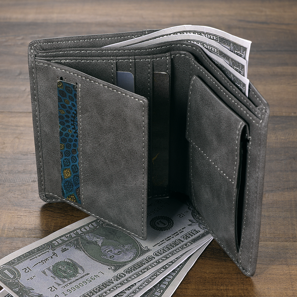 Men's Custom Engraved Photo Wallet Grey Leather With Coin Pocket