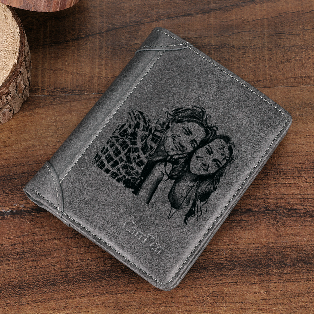 Men's Custom Engraved Photo Wallet Grey Leather With Coin Pocket