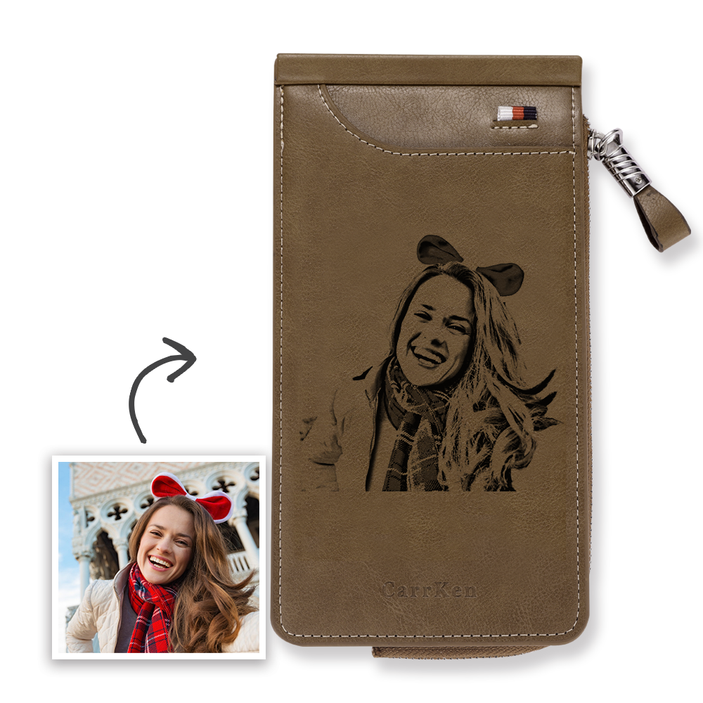 Custom Engraved Photo Wallet Card Holder Brown Leather