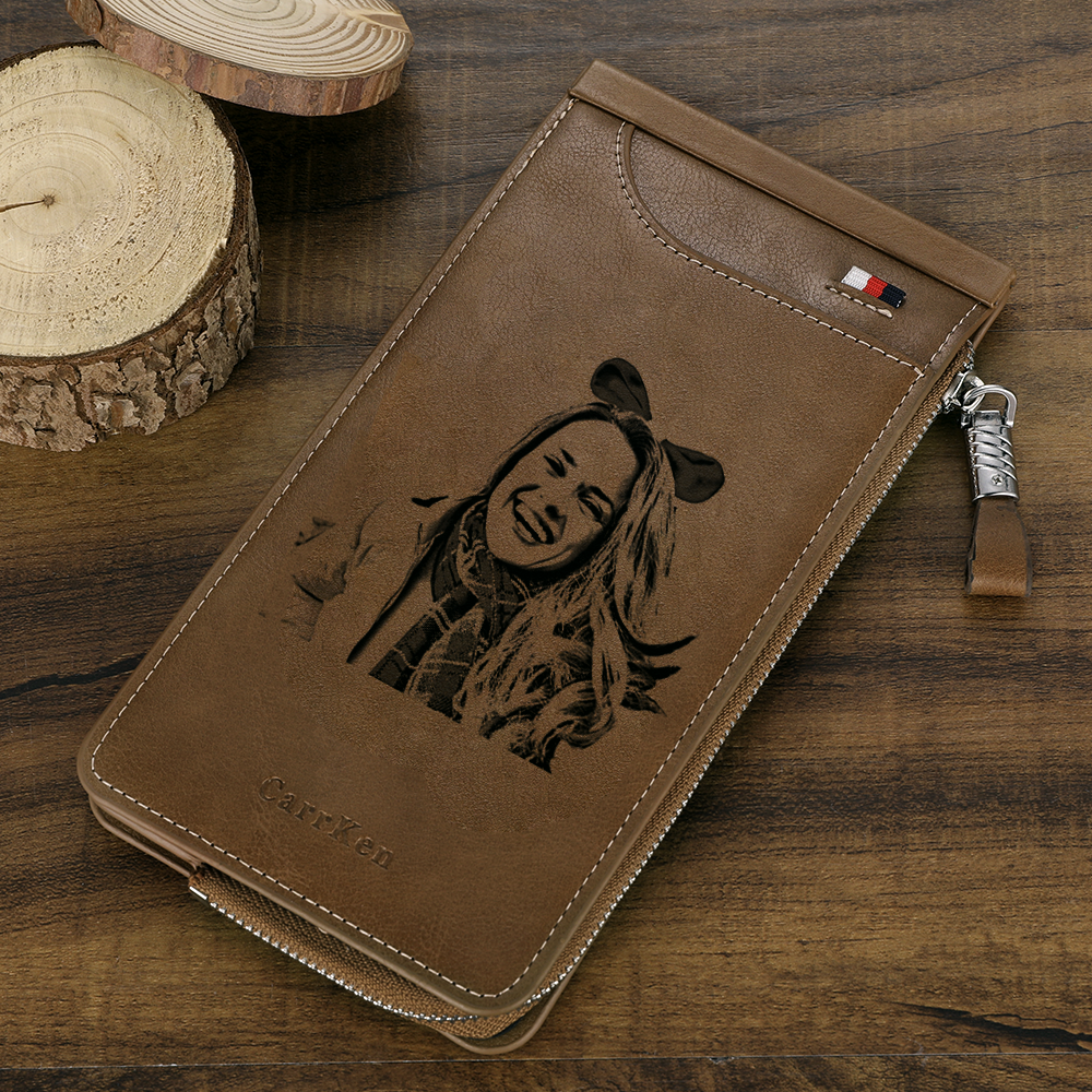 Custom Engraved Photo Wallet Card Holder Brown Leather