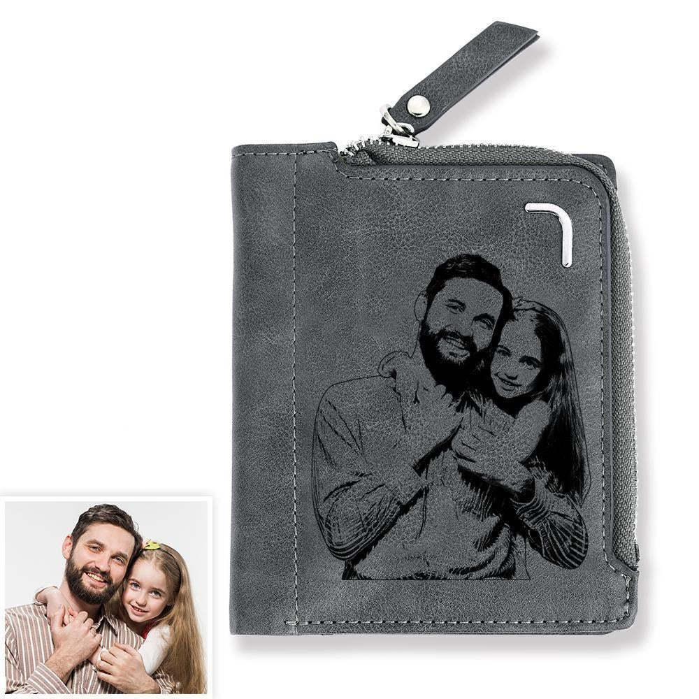 Men's Custom Photo Engraved Bifold Zipper Wallet For Best Daddy - Grey