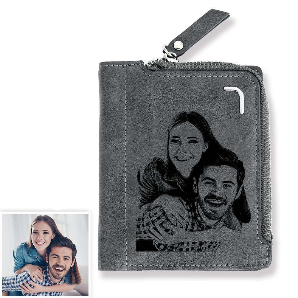 Men's Custom Photo Engraved Bifold Zipper Wallet - Grey