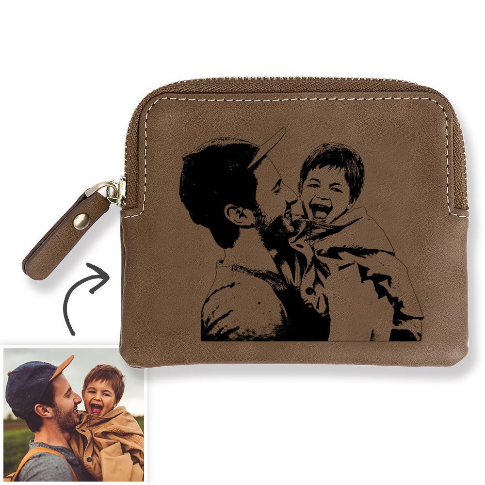 Custom Photo Engraved Zipper Wallet Coin Purse Card Case For Dad - Brown Leather