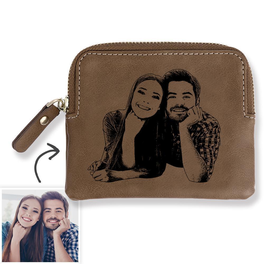 Custom Photo Engraved Zipper Wallet Coin Purse Card Case Brown Leather