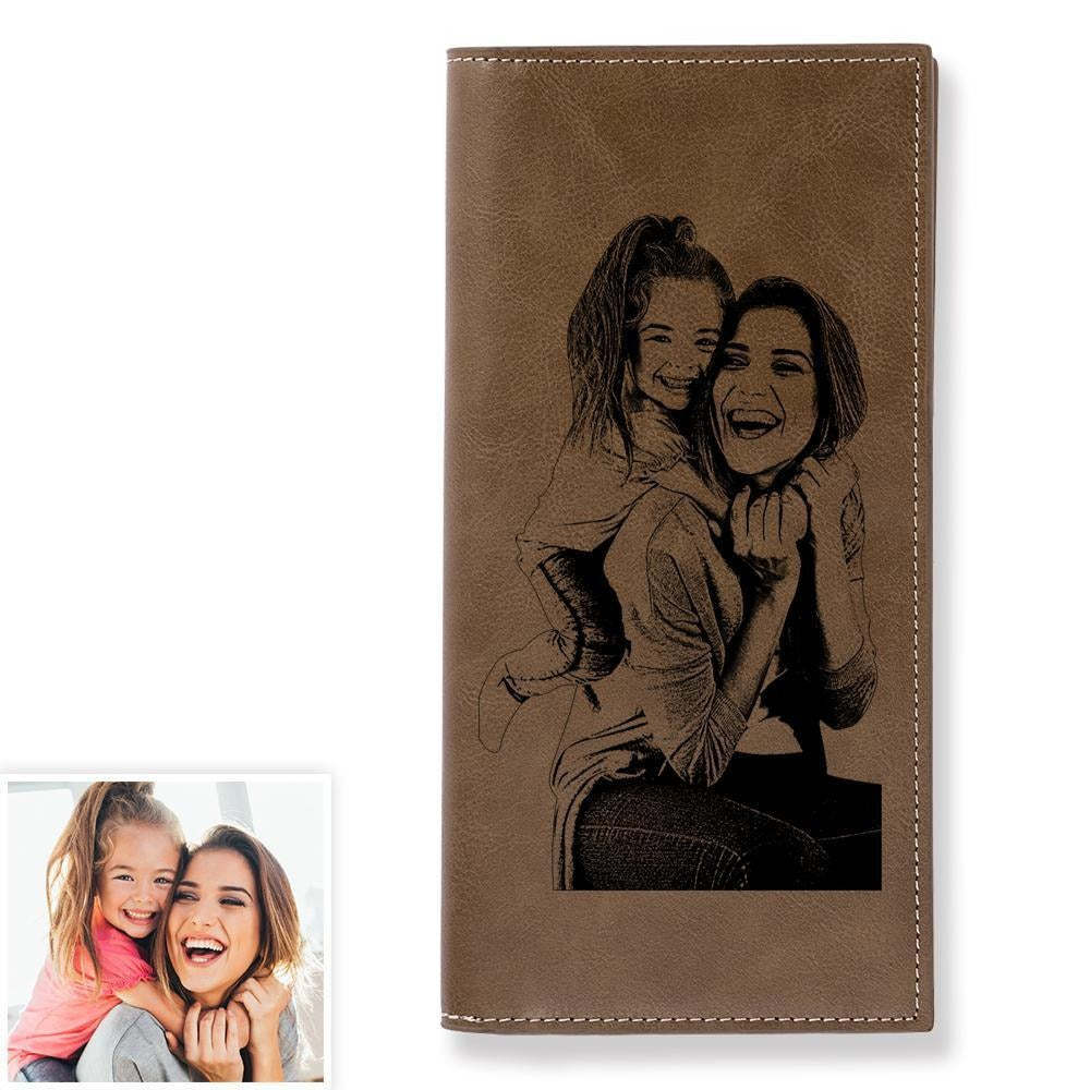 Women's Custom Photo Engraved Long Wallet Brown Leather