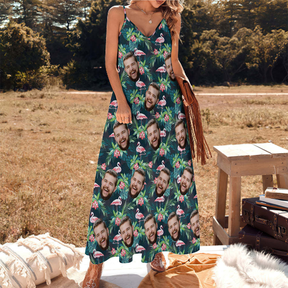 Custom Face Hawaiian Style Flamingo Flower Long Dress And Shirt Family Matching   Surfing Hawaiian Style Surfing Hawaiian Style - auphotoblanket