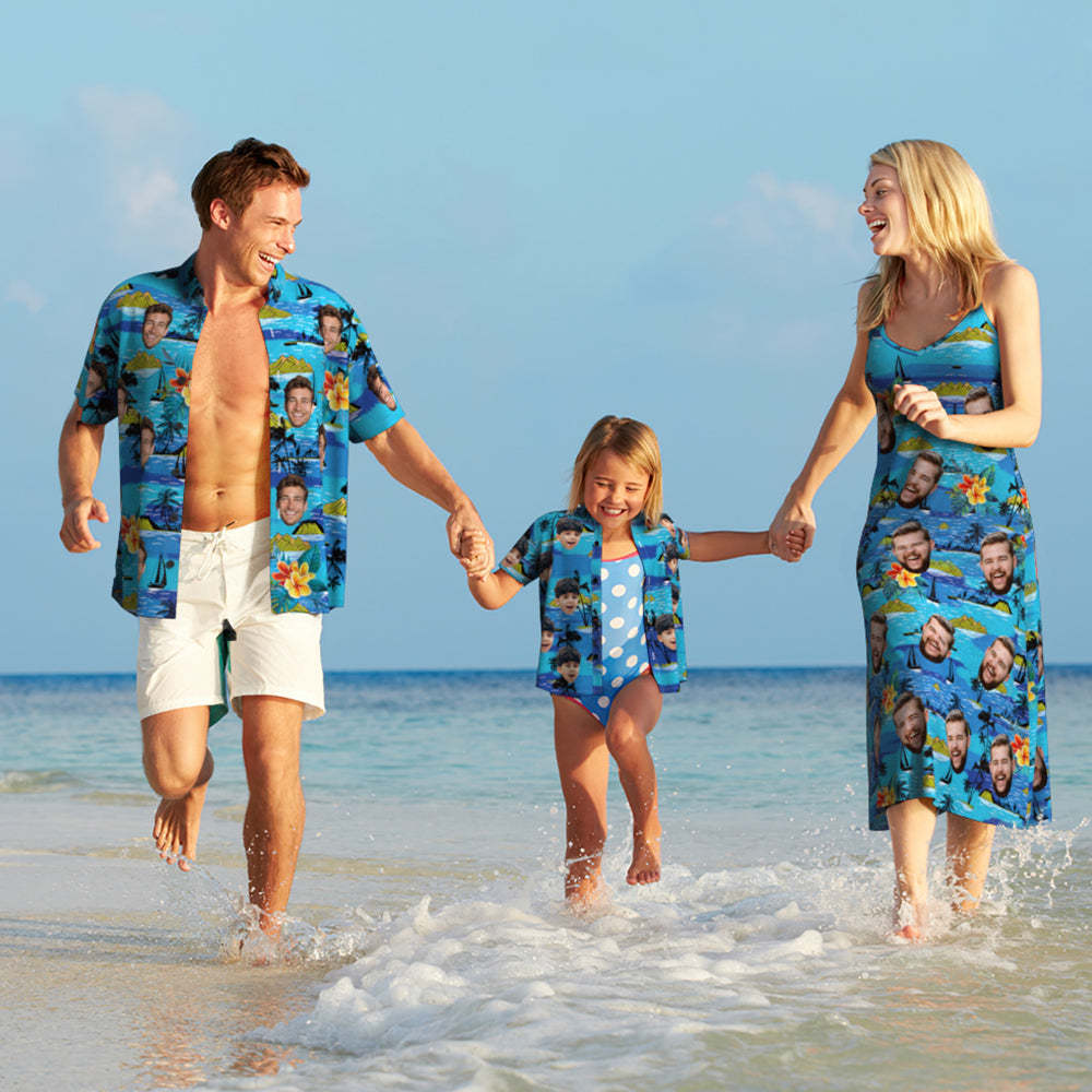 Custom Face Hawaiian Style Vice City Large Leaves Long Dress And Shirt Family Matching   Surfing Hawaiian Style Surfing Hawaiian Style - auphotoblanket