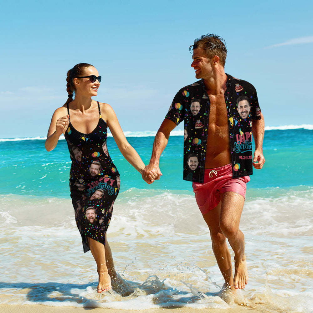 Custom Face Streamer Unique Birthday Gift Long Dress And Shirt Couple Outfit   Surfing Hawaiian Style Surfing Hawaiian Style - auphotoblanket