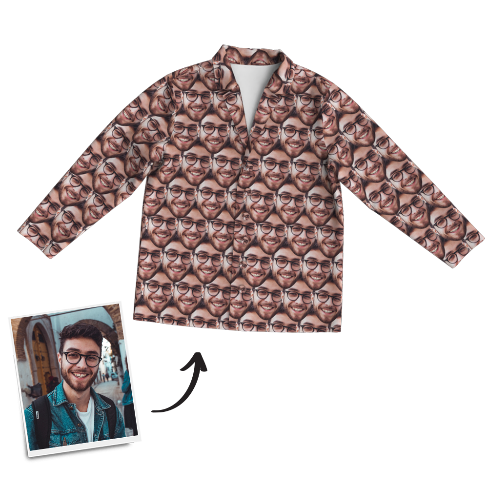 Custom Photo Face Mash Long Sleeve Pajamas, Sleepwear, Nightwear - auphotoblanket