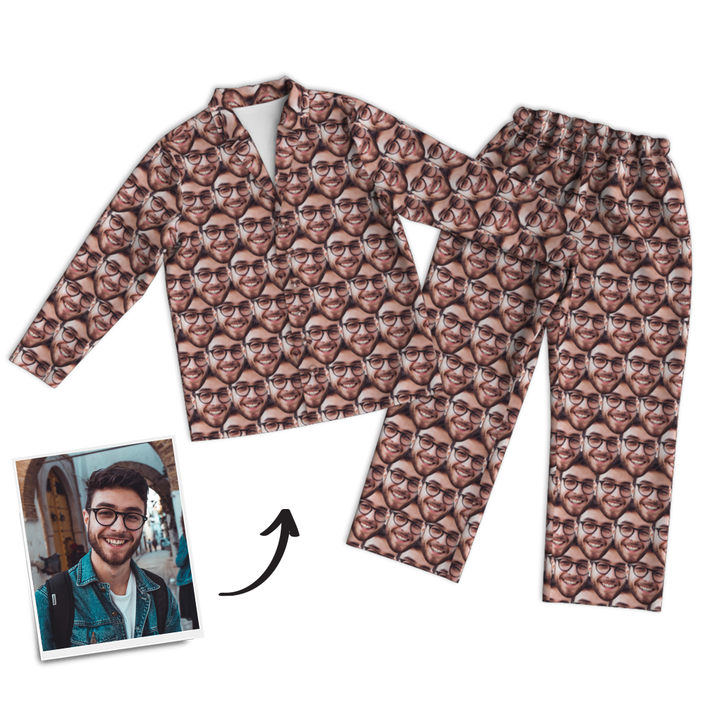 Custom Photo Face Mash Long Sleeve Pajamas, Sleepwear, Nightwear - auphotoblanket