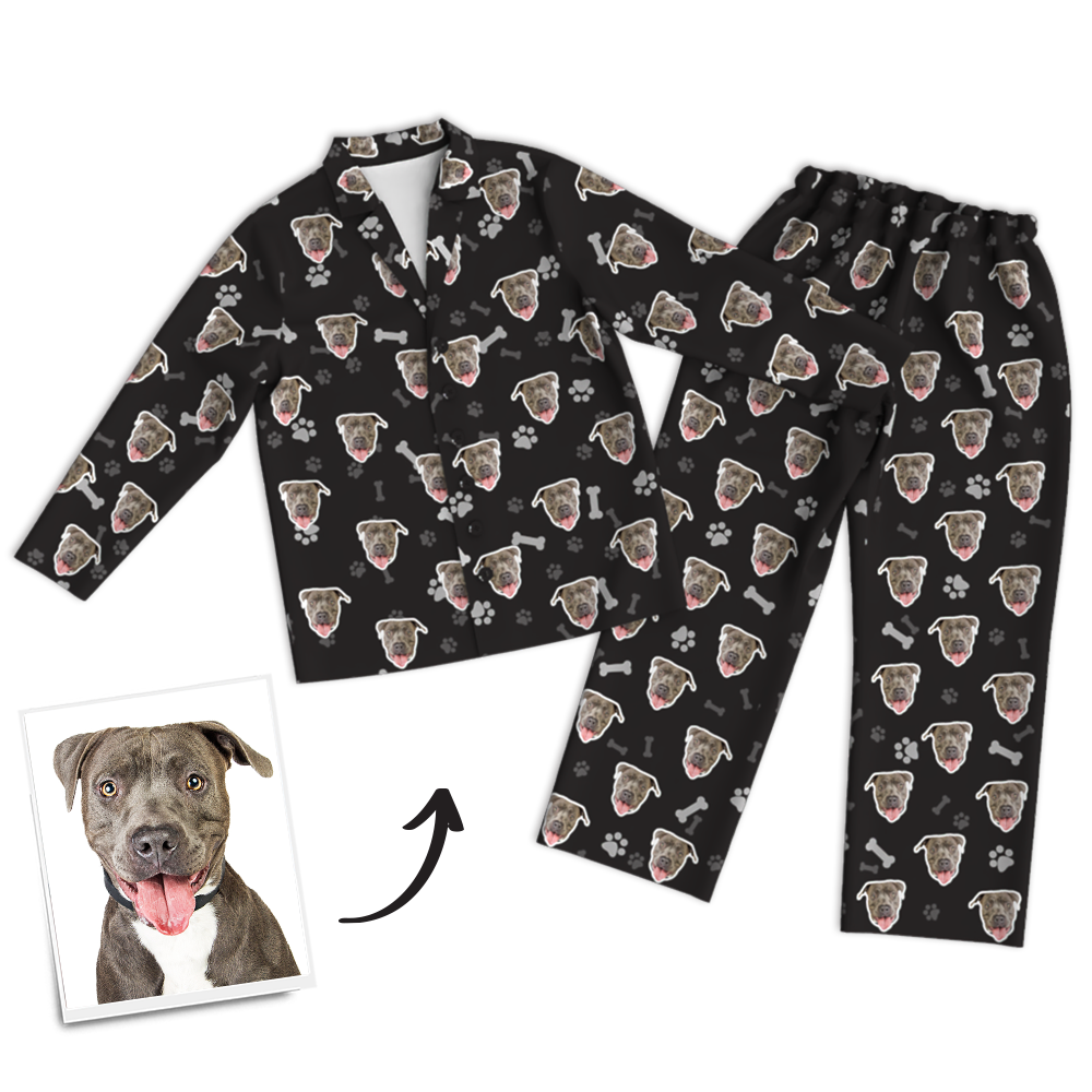 Custom Dog Photo Long Sleeve Pajamas, Sleepwear, Nightwear - Bone - auphotoblanket
