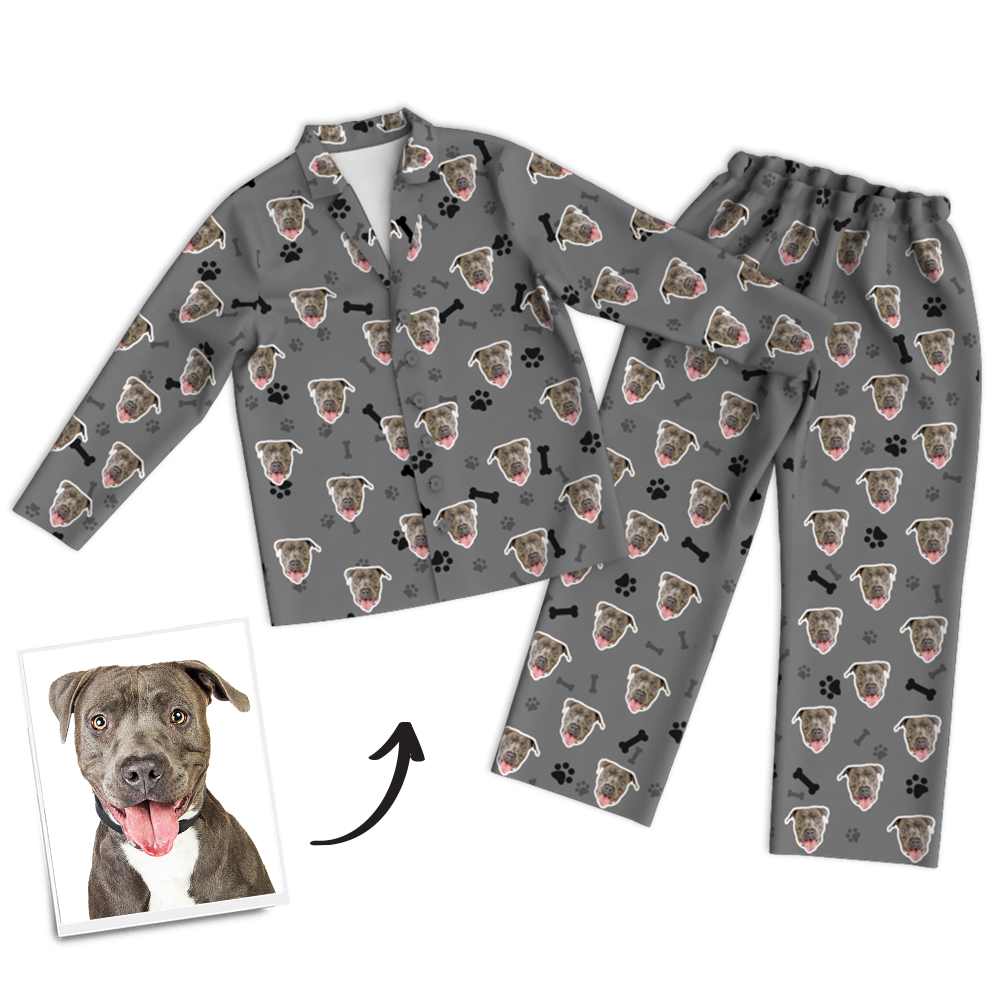 Custom Dog Photo Long Sleeve Pajamas, Sleepwear, Nightwear - Bone - auphotoblanket