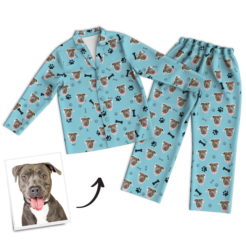 Custom Dog Photo Long Sleeve Pajamas, Sleepwear, Nightwear - Bone - auphotoblanket