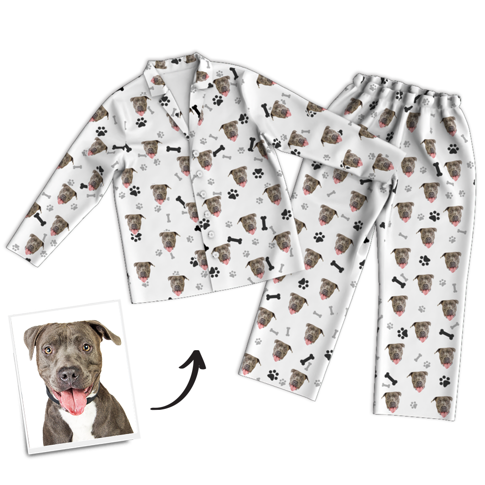 Custom Dog Photo Long Sleeve Pajamas, Sleepwear, Nightwear - Bone - auphotoblanket