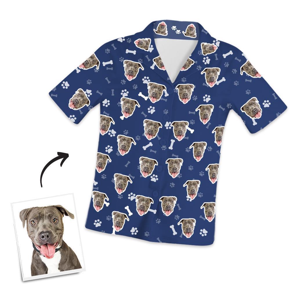 Christmas Gifts Custom Pajamas with Dog Face Bones And Footprints Short Sleeved Pajamas - auphotoblanket