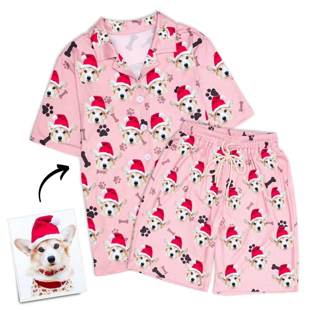 Christmas Gifts Custom Pajamas with Dog Face Bones And Footprints Short Sleeved Pajamas - auphotoblanket