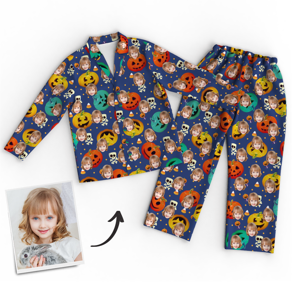 Custom Face Pumpkin Skeleton Pajamas Halloween For Children - auphotoblanket