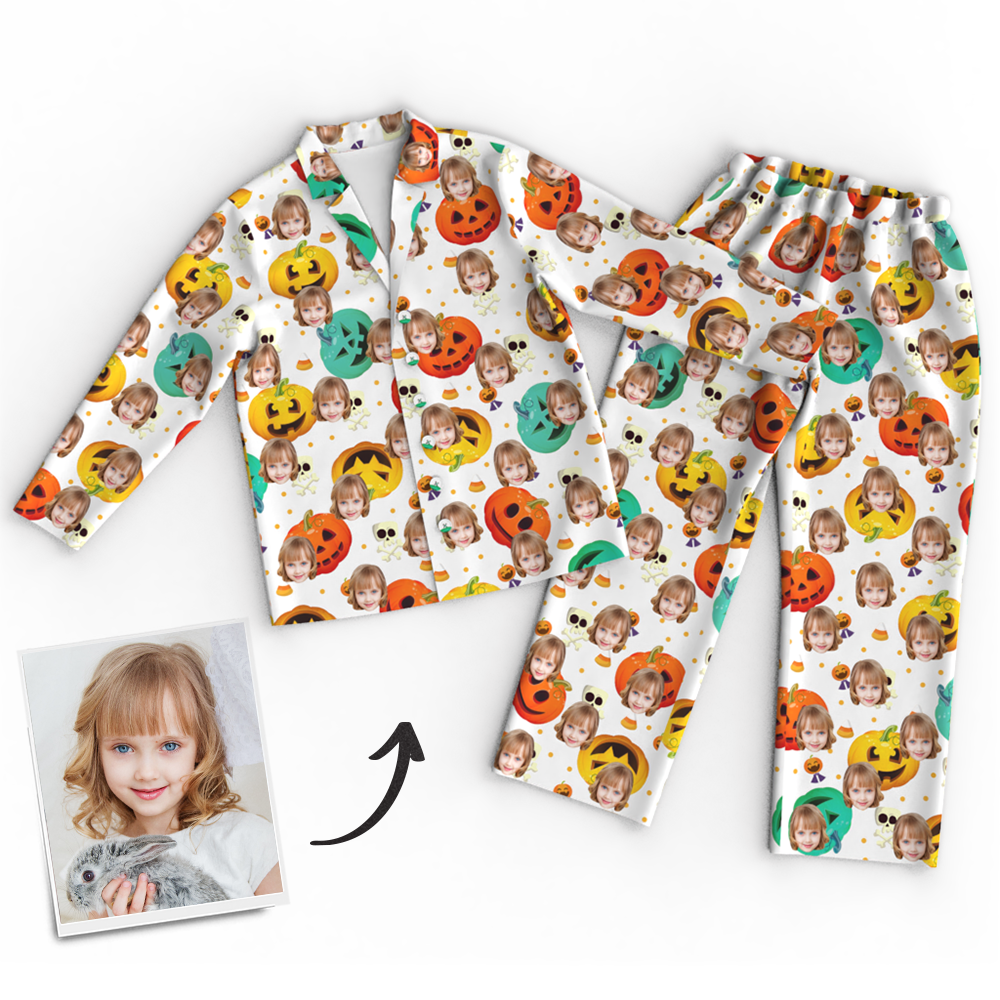 Custom Face Photo Pumpkin Skeleton Pajamas Halloween For Children - auphotoblanket