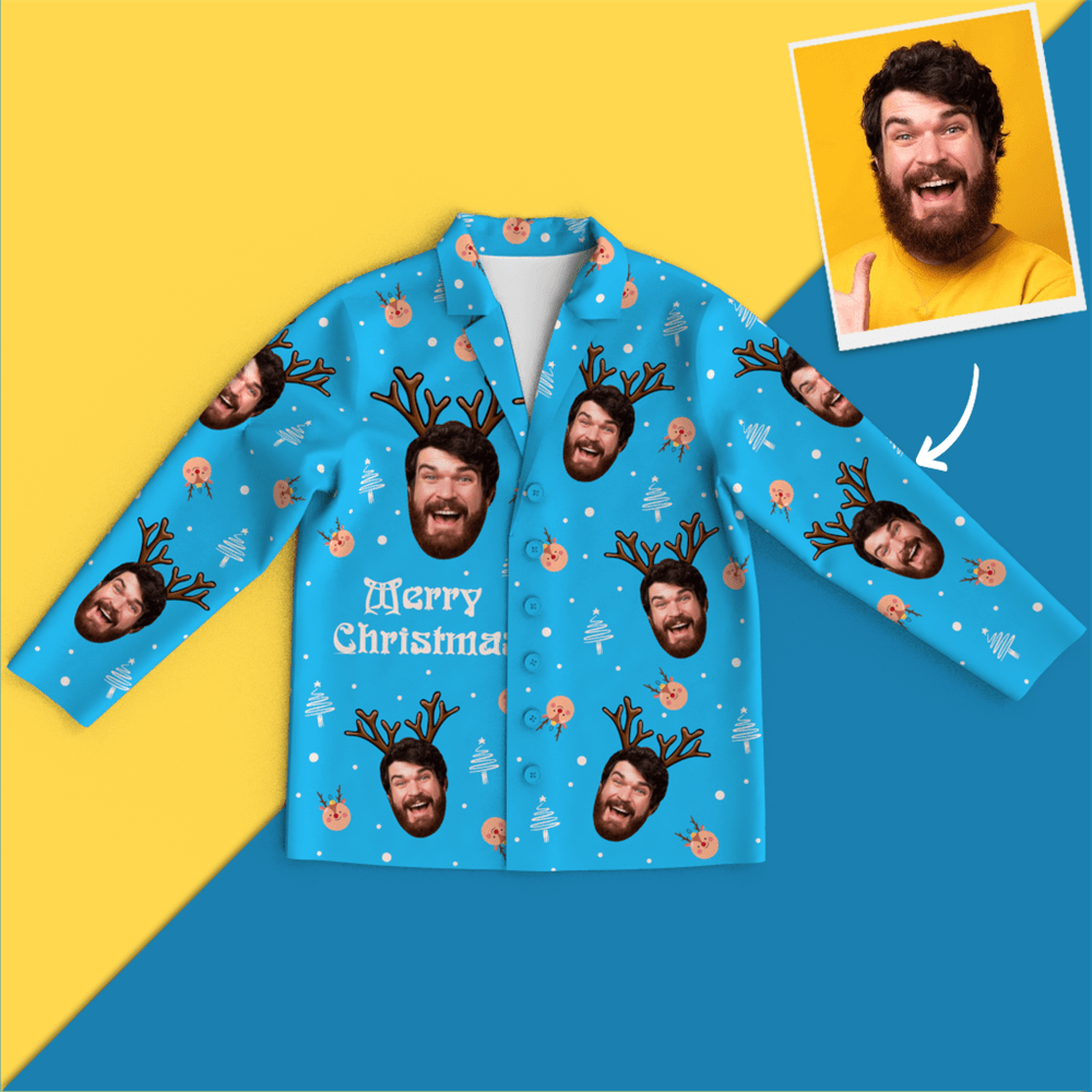 Christmas Antlers Custom Face Black And White Pajamas for Christmas Gifts - auphotoblanket