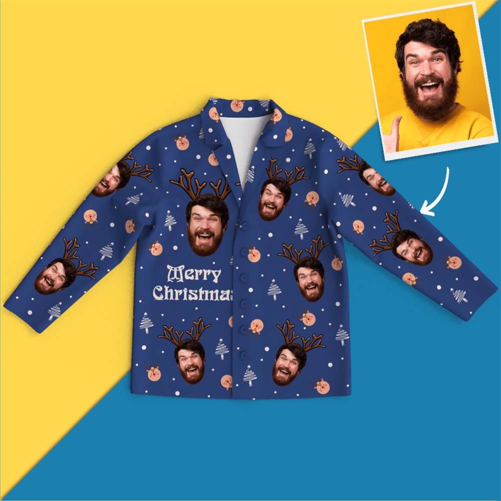Christmas Antlers Custom Face Black And White Pajamas for Christmas Gifts - auphotoblanket