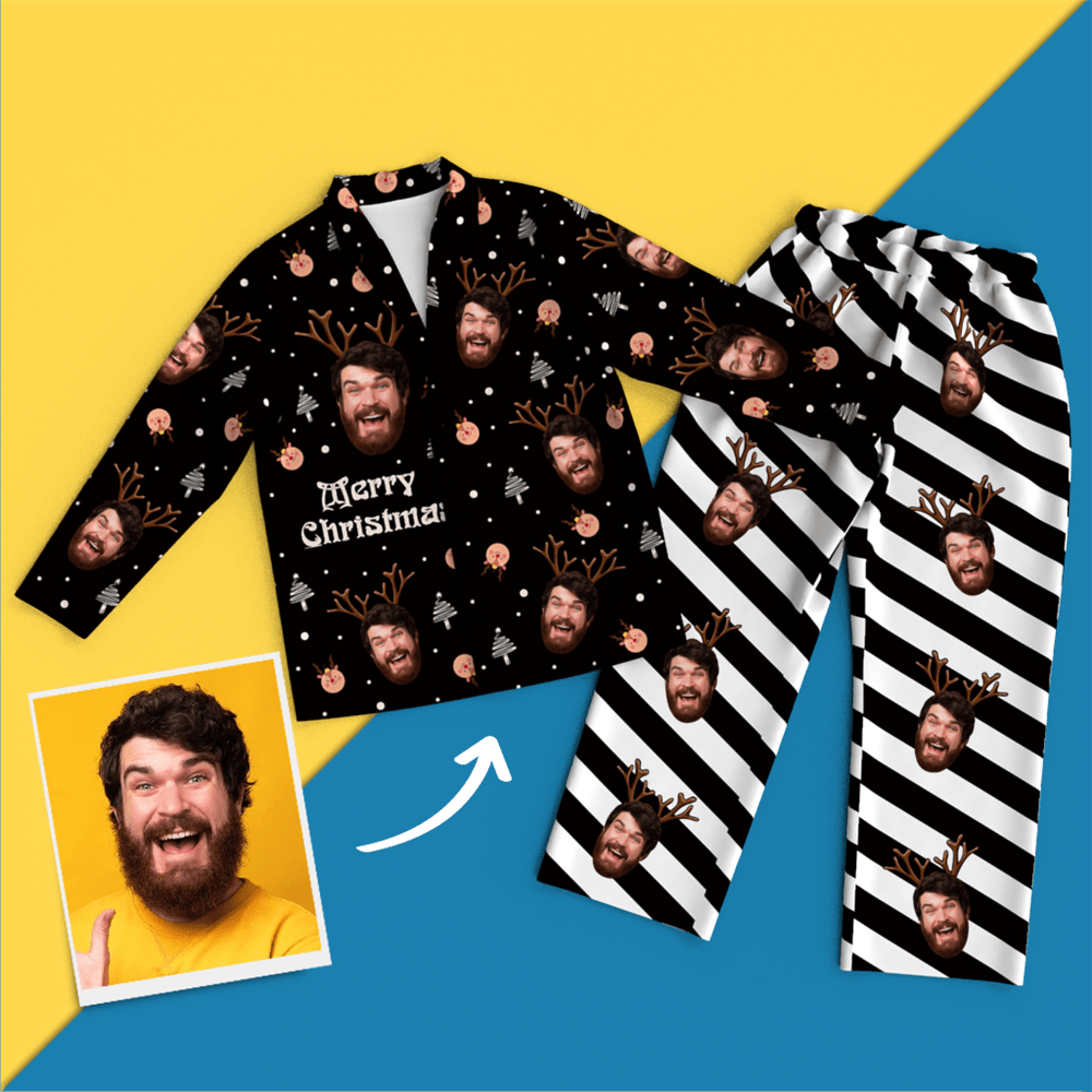Christmas Antlers Custom Face Black And White Pajamas for Christmas Gifts - auphotoblanket