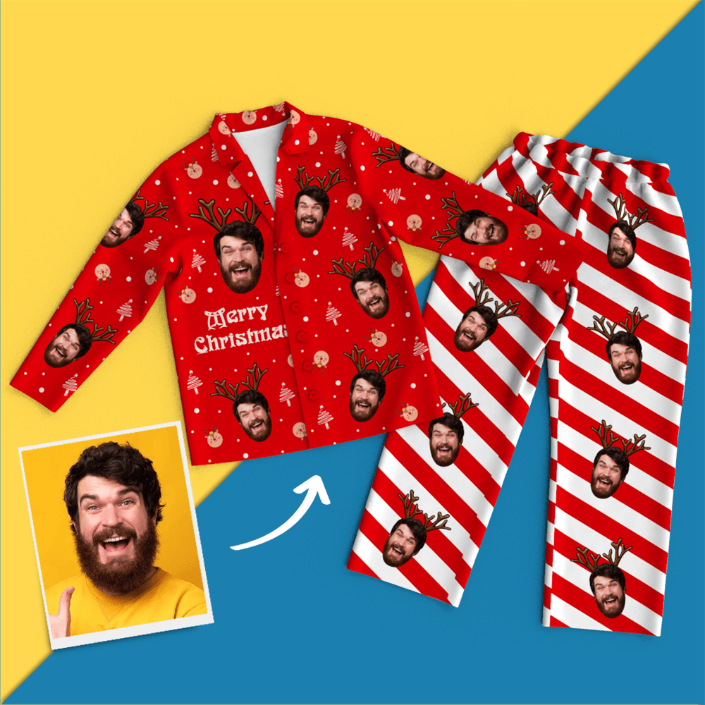 Christmas Antlers Custom Face Black And White Pajamas for Christmas Gifts - auphotoblanket